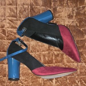 Mix No.6 Colorblock Pointed-Toe Ankle-Strap Heels in Burgundy, Black & Blue